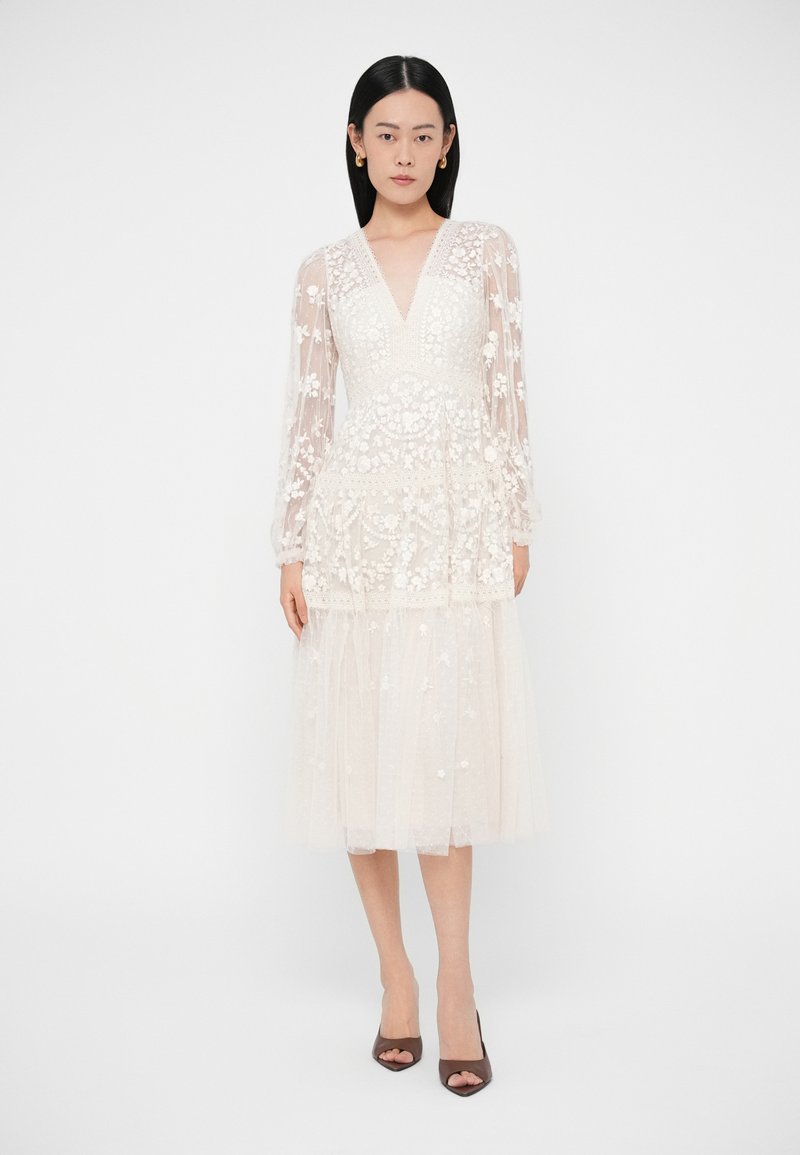 fitted lace wedding dress Crochet Flare Sleeve Midaxi Dress – InTheStyle main image 1