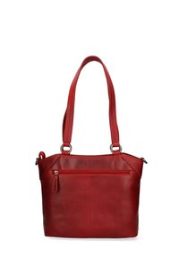 Rode leren handtas met twee schouderbanden, voorzien van een gladde textuur, een voorzak met rits en metalen accenten.