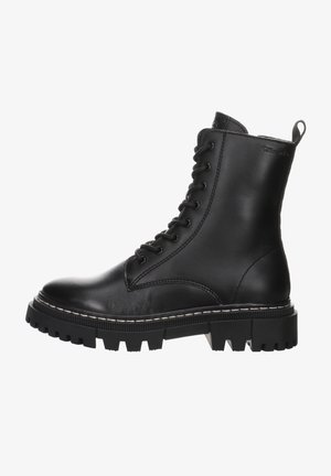 Bottes en cuir noir à lacets avec une semelle texturée solide, présentant un dessus lisse et des coutures blanches contrastantes le long de la semelle.