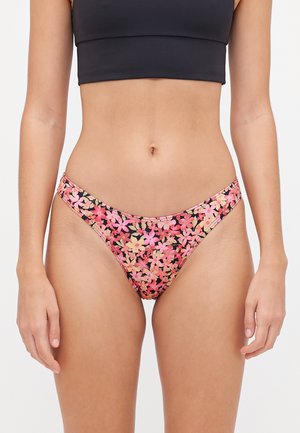 Floral-print bikini bottom featuring a pink and black palette, low-rise cut, and elastic waistband. Made from smooth, stretch fabric.