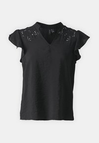 Czarny krótki top z rękawem krótkiem i dekoltem w kształcie litery V, z falbaniastymi rękawami. Posiada haftowane detale w okolicy ramion oraz fakturowaną tkaninę.