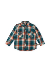 Camicetta a maniche lunghe a quadri in tonalità verde mare, bianco e arancione. Presenta due tasche sul petto con bottoni e bottoni dall'aspetto legnoso. Tessuto morbido al tatto.