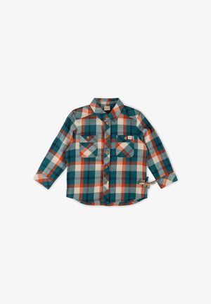 Camicetta a maniche lunghe a quadri in tonalità verde mare, bianco e arancione. Presenta due tasche sul petto con bottoni e bottoni dall'aspetto legnoso. Tessuto morbido al tatto.