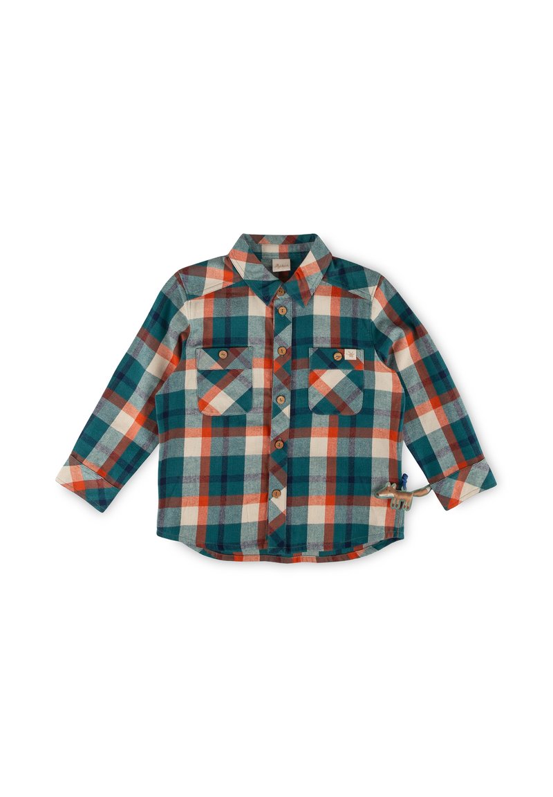 Camicetta a maniche lunghe a quadri in tonalità verde mare, bianco e arancione. Presenta due tasche sul petto con bottoni e bottoni dall'aspetto legnoso. Tessuto morbido al tatto.