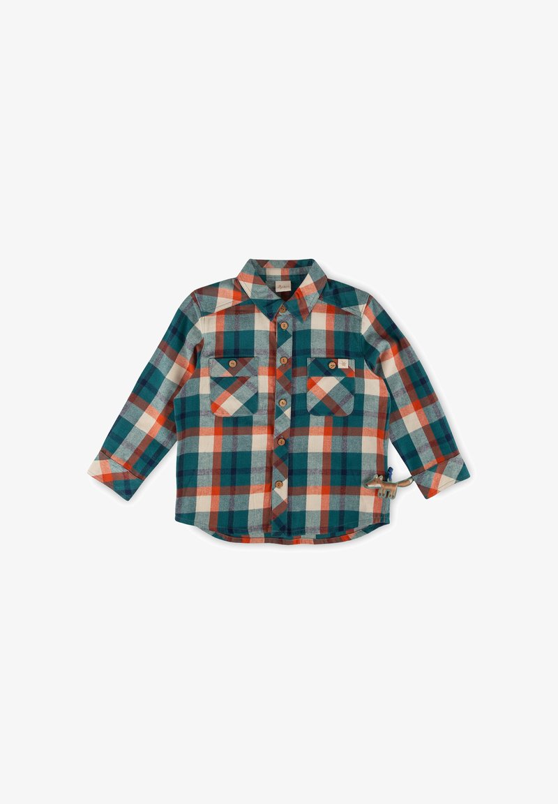 Camicetta a maniche lunghe a quadri in tonalità verde mare, bianco e arancione. Presenta due tasche sul petto con bottoni e bottoni dall'aspetto legnoso. Tessuto morbido al tatto.