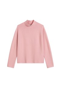 Lichtroze langemouwen trui met een hoge hals, gemaakt van zacht breiwerk, met een ontspannen pasvorm en een minimalistisch ontwerp.