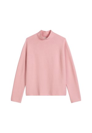 Lichtroze langemouwen trui met een hoge hals, gemaakt van zacht breiwerk, met een ontspannen pasvorm en een minimalistisch ontwerp.