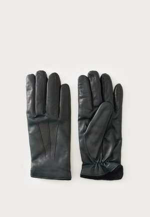 Pair of black leather gloves laid flat with one glove showing palm side and the other showing back side with stitched details.