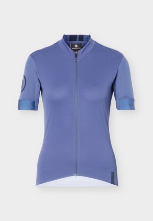 Camiseta de ciclismo para mujer de manga corta en azul apagado con cremallera frontal, cuello alto y puños de manga con marca.