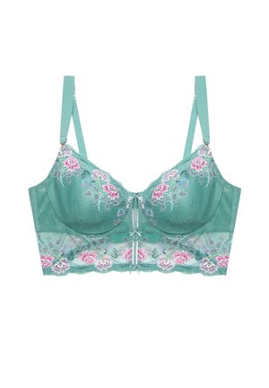 Grüner Spitzen-BH mit pinker und lila Blumenstickerei, verstellbaren Trägern und kleinem Schleifendetail vorne.