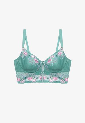 Grüner Spitzen-BH mit pinker und lila Blumenstickerei, verstellbaren Trägern und kleinem Schleifendetail vorne.