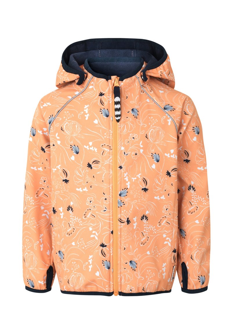 Veste à motif floral orange avec une capuche, accents noirs et fermeture éclair à l'avant. Matériau lisse avec une capuche ajustable et des poignets élastiques.