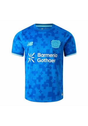 Blaues Fußballtrikot mit pixeliertem Kreuzmuster, Bayer Leverkusen Logo auf der Brust, New Balance Logo und Sponsortext "Barmenia Gothaer".