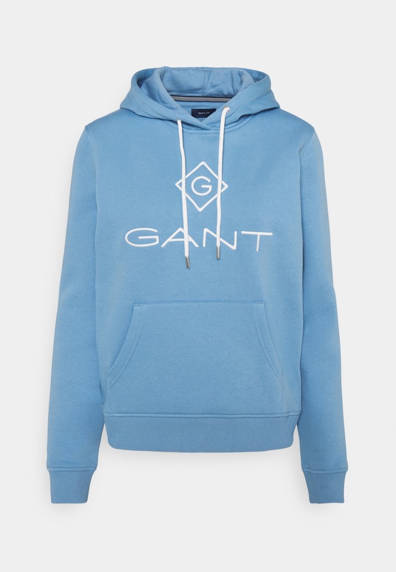 Sweat à capuche bleu clair avec poche kangourou, cordons de serrage et logo blanc. Tissu doux, poignets et ourlet côtelés pour un ajustement confortable.
