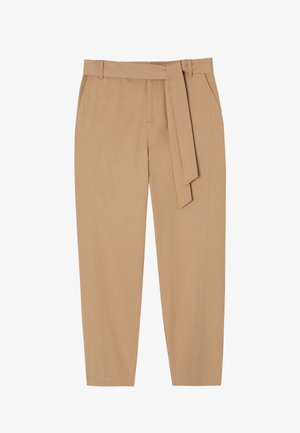 Beige tapered trousers with a belt, featuring two side pockets and visible stitching details along the seams. Smooth texture, lightweight fabric.