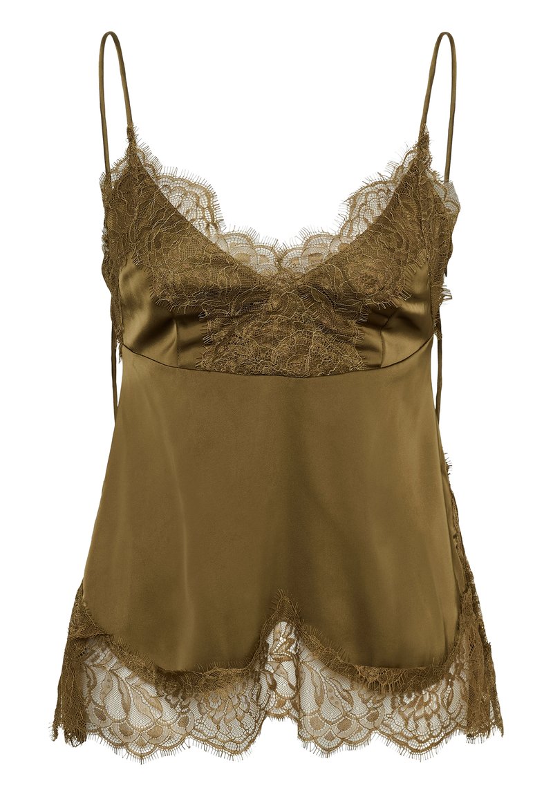 Camisole en satin vert olive avec une délicate bordure en dentelle le long de l'encolure, de l'ourlet et des fines bretelles ajustables.