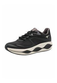 Black athletic shoe with a textured mesh upper and contrasting cream-colored sole. Features laces and a sleek design with subtle accents.