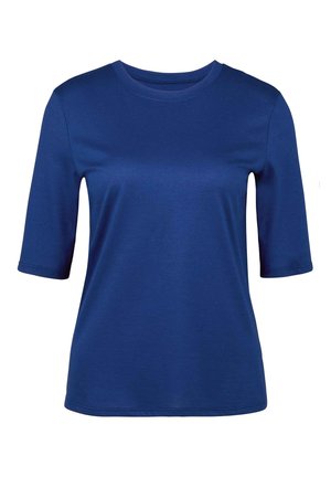 T-shirt à manches courtes bleu royal avec un col rond, fabriqué en tissu lisse. Présente une coupe décontractée et des détails de couture soignés.