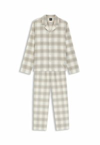 Leichtes karierte Pyjama-Set in Beige und Hellblau, bestehend aus einem kragenlosen, knöpfbaren Oberteil und passenden elastischen Hosen mit kariertem Muster.