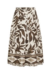 Brun och krämfärgad tryckt midijullskjorta med plisserad design, som har ett tropiskt bladmönster och en dekorativ kant vid fållen. Elastisk midja.