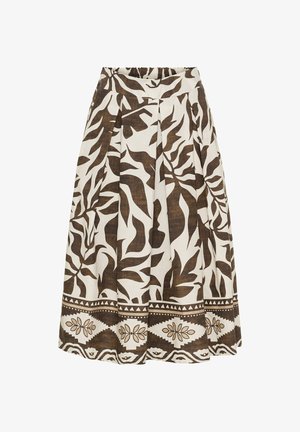 Brun og creme trykt midi-nederdel med plisseret design, der har et tropisk bladmønster og dekorativ kant ved sømmen. Elastisk talje.