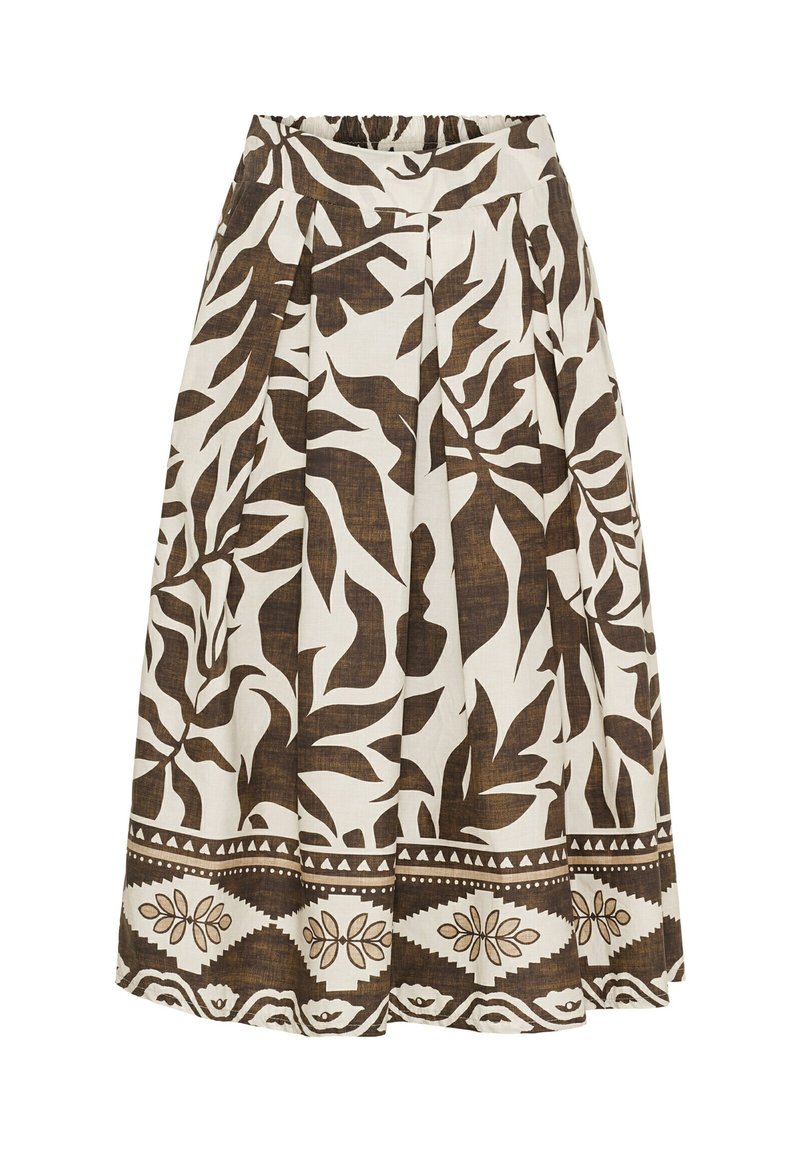 Brun och krämfärgad tryckt midijullskjorta med plisserad design, som har ett tropiskt bladmönster och en dekorativ kant vid fållen. Elastisk midja.