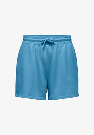 Light blue casual shorts with elastic waistband and drawstring, made from soft fabric, designed for comfort and everyday wear.