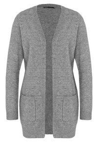 Grå kofta med V-ringning, långa ärmar, två framfickor och ribbade muddar. Tillverkad av ett mjukt och snyggt stickat tyg.