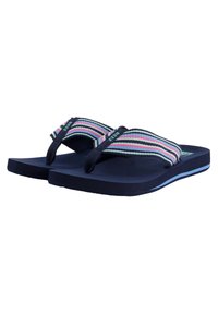 Infradito navy con fasce in tessuto a righe nei colori rosa, blu e verde. Sottopiede morbido e una leggera accentuazione blu sulla suola.