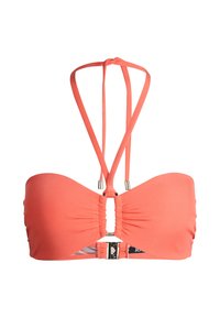 Haut de bikini corail sans bretelles avec une découpe en forme de trou devant et de fines bretelles nouées dans le dos, avec une fermeture à clip.