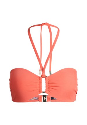 Koraal kleurige strapless bikini top met een sleutelgat uitsnede aan de voorkant en dunne halter bandjes die aan de achterkant gestrikt zijn, voorzien van een sluiting.