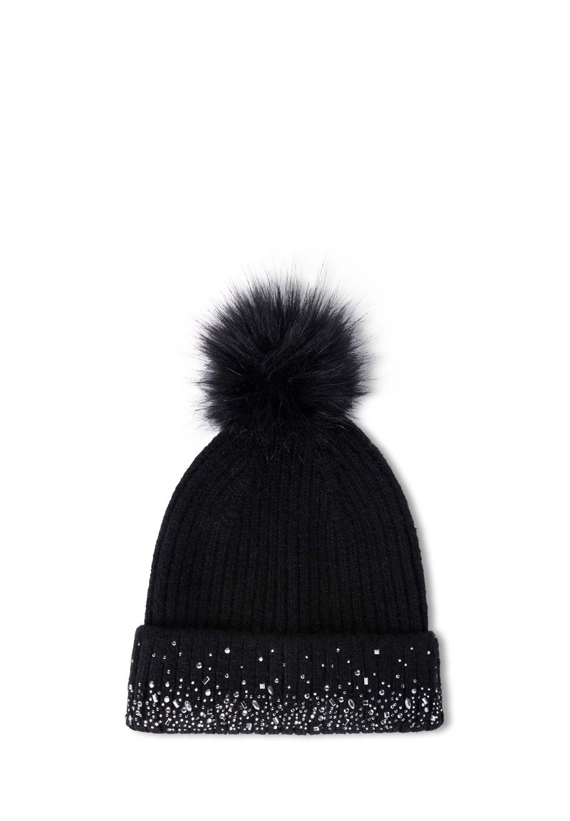 Czarna dziana czapka z prążkowanym wzorem, z sztucznym futerkiem na czubku i cekinowym paskiem u podstawy dla dodatkowej ozdoby.