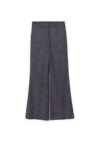 Dunkelgraue weite Hosen mit einer glatten Textur, flachem Frontbereich, Gürtelschlaufen und einem gekrempelten Finish, geeignet für formelle oder legere Anlässe.