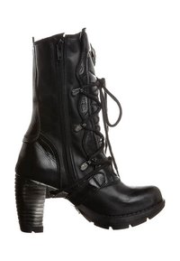 Black leather mid-calf boot with side zipper, front lace-up with metal hooks, rounded toe, and stacked chunky heel.