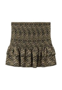 Večplastna mini krilo v olivno zeleni barvi, ki ima nabran bodice in ruflasta rob s subtilnim živalskim vzorcem v temnih odtenkih.