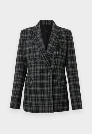 Blazer xadrez preto e cinza com gola de lapela, frente de botão duplo, dois bolsos frontais e tecido texturizado.