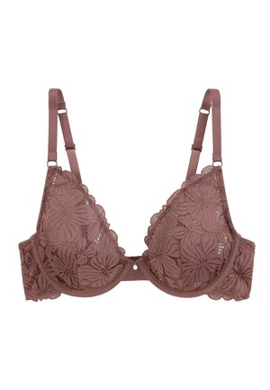 Soutien-gorge en dentelle avec armatures, de couleur marron doux. Présente des motifs floraux, des bretelles ajustables et un petit accent doré au centre.