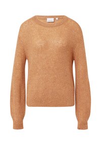 Hellbraunes Strickpullover mit langen Ärmeln, gerippten Bündchen und Saum, dezenten metallischen Fäden und rundem Halsausschnitt.