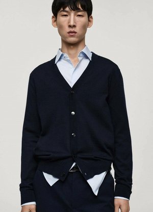 Navy v-neck cardigan in soft knit, featuring a button-down front and ribbed cuffs, layered over a light blue dress shirt.