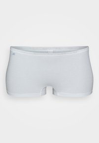 White cotton boyshorts with a smooth texture, low-rise cut, and elastic waistband. Features a small brand tag on the side.