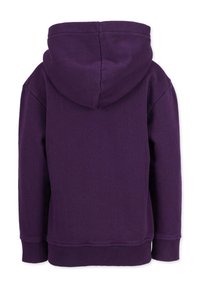 Sudadera con capucha morada de textura suave, con puños y dobladillo acanalados. Presenta una capucha grande y un diseño minimalista sin acentos adicionales.