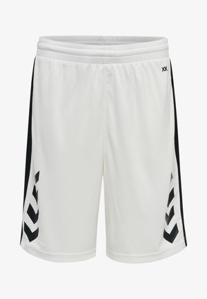 Witte sportieve shorts met zwarte zijstrepen en geometrische patronen. Gemaakt van lichtgewicht stof, met een elastische tailleband voor comfort.