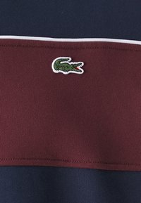 Vyrų polo marškiniai su horizontaliais tamsiai mėlynais ir bordo ruožais; ant krūtinės yra išsiuvinėtas žalias krokodilo logotipas su raudonais akcentais.