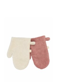 Two oven mitts, one cream and one dusty pink, made of soft terry cloth, with side grips and round edges for easy handling.