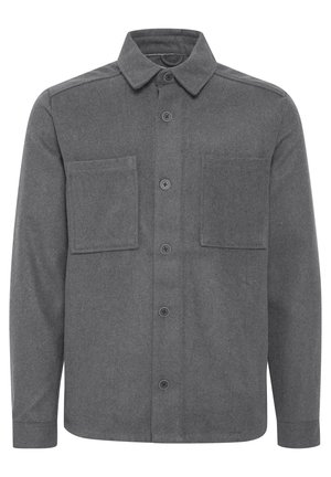 Giacca camicia in lana grigia con colletto a punta, maniche lunghe e due tasche sul petto.