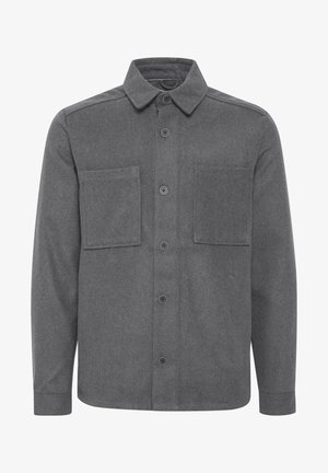 Pelēks pogājams vilnas krekls-ar-jaku ar norādītu apkakli, garām piedurknēm un divām krūšu kabatām.