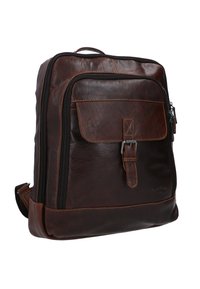 Brown leather backpack with a smooth texture, featuring a front flap pocket, silver hardware, and stitched detailing on the edges.