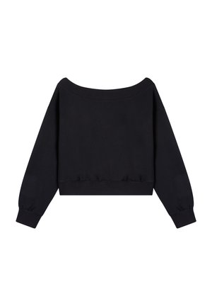 Felpa nera cropped con design off-the-shoulder, maniche lunghe, polsini e orlo a coste, realizzata in un tessuto liscio e elasticizzato.