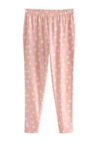 Rosa Leggings mit weicher Textur, ausgestattet mit einem weißen Punktenmuster, elastischem Bund und schmal zulaufendem Bein.