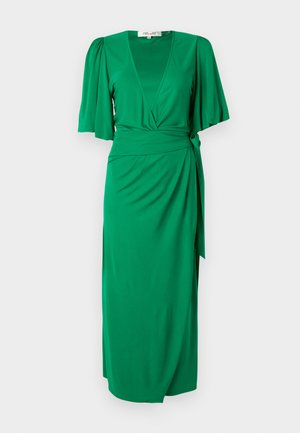 Green wrap dress made from smooth, lightweight fabric. Features V-neck, short puff sleeves, and a tied waist accent for a defined silhouette.